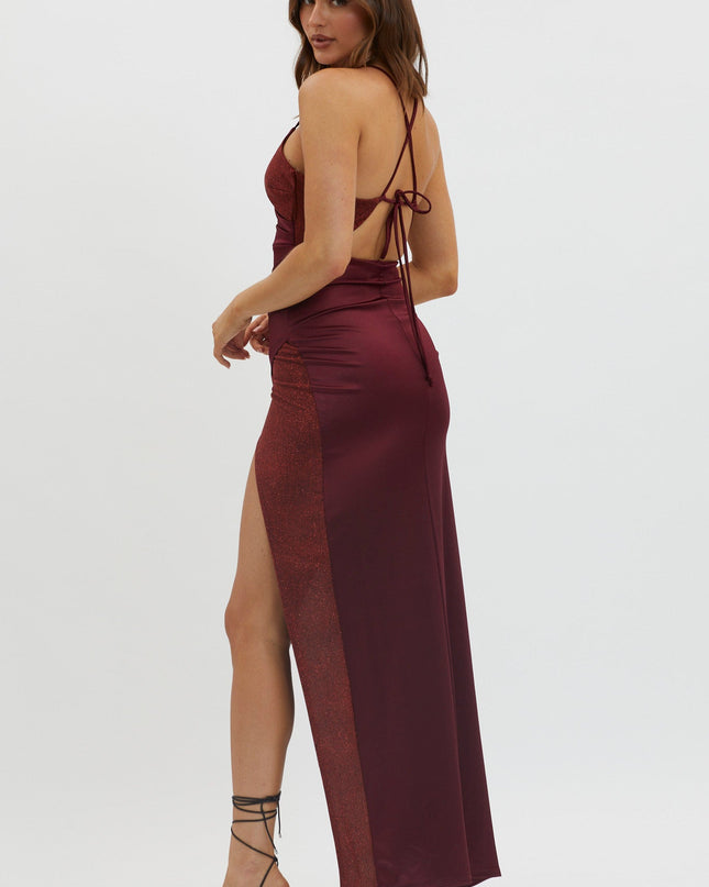 Wine Tied Back Split Maxi Dress