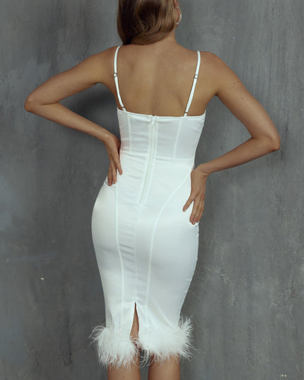 White Feather Trim Midi Dress