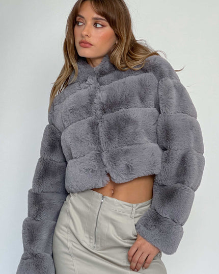 Grey Hooded Faux Fur Jacket