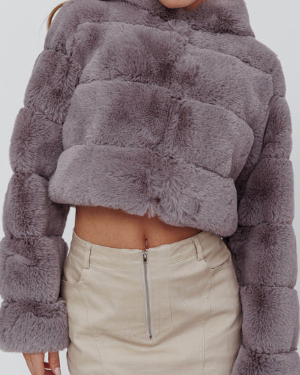 Grey Hooded Faux Fur Jacket