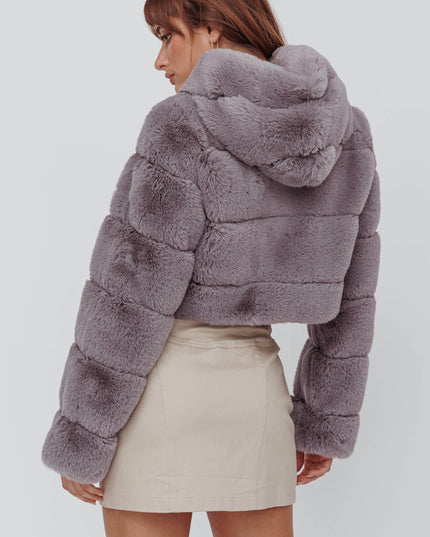 Grey Hooded Faux Fur Jacket