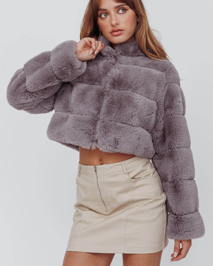 Grey Hooded Faux Fur Jacket
