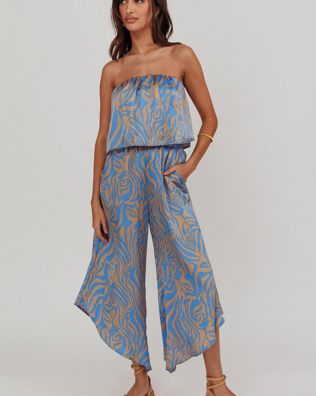 Blue Tied Printed Strapless Jumpsuit