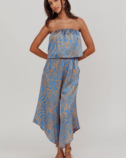 Blue Tied Printed Strapless Jumpsuit