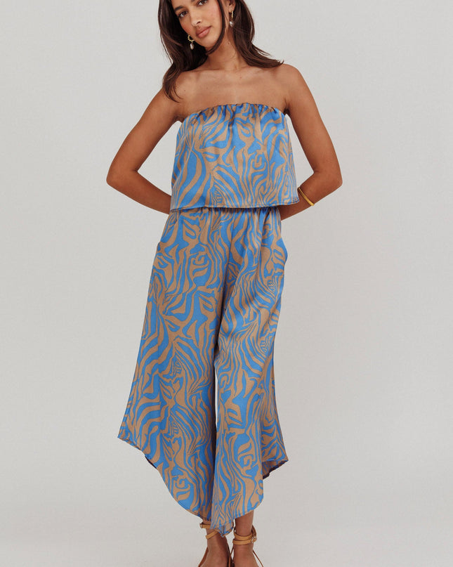 Blue Tied Printed Strapless Jumpsuit