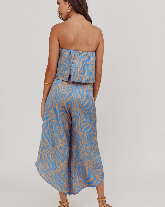 Blue Tied Printed Strapless Jumpsuit