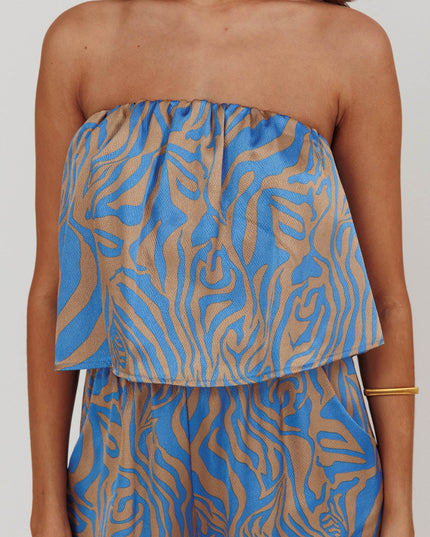 Blue Tied Printed Strapless Jumpsuit