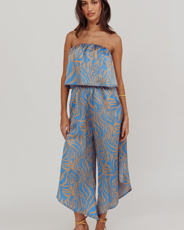 Blue Tied Printed Strapless Jumpsuit