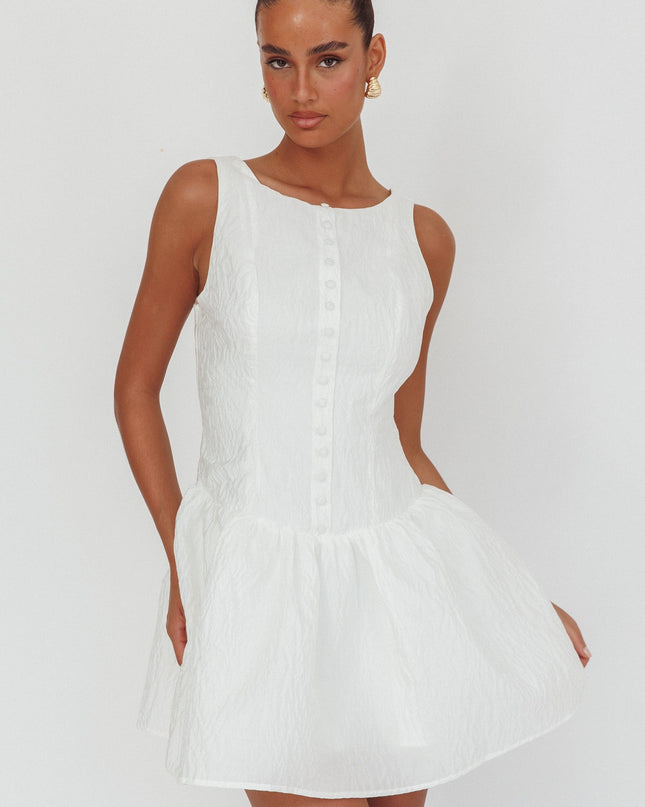 White Drop Waist Flounce Mini Dress Textured