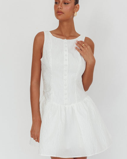 White Drop Waist Flounce Mini Dress Textured
