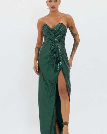 Hunter Green Strapless Sequin Maxi Dress