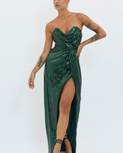 Hunter Green Strapless Sequin Maxi Dress