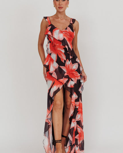 Black/Red Floral Ruffle Maxi Dress
