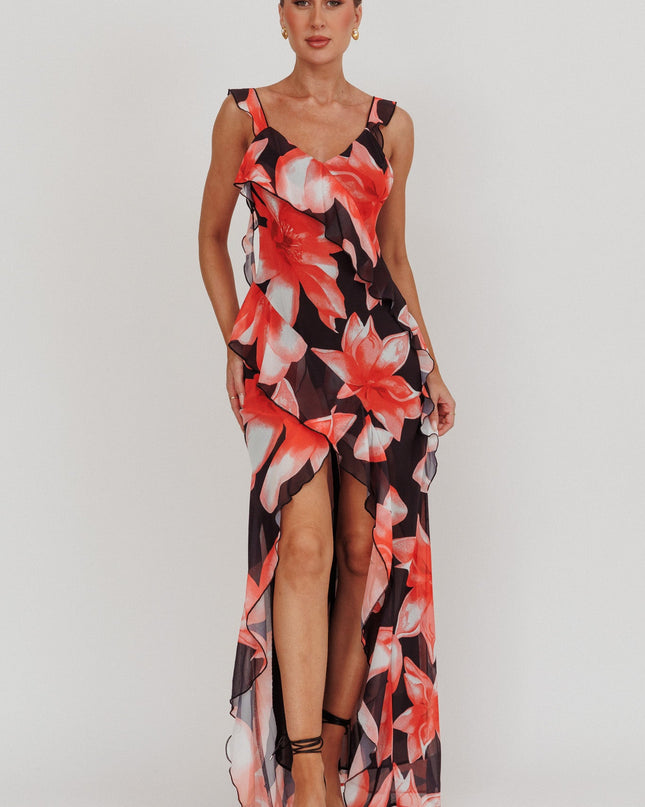 Black/Red Floral Ruffle Maxi Dress