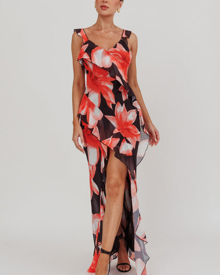 Black/Red Floral Ruffle Maxi Dress