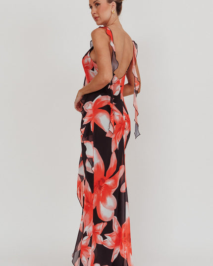 Black/Red Floral Ruffle Maxi Dress