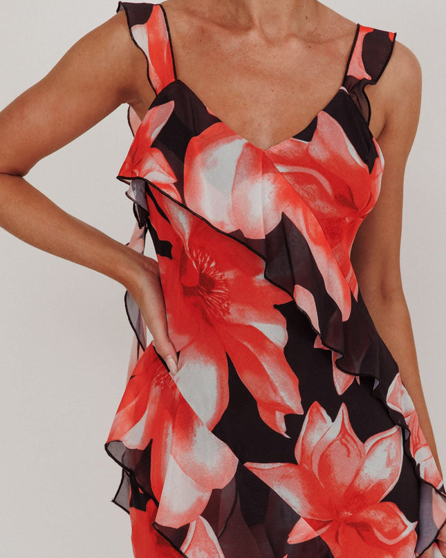 Black/Red Floral Ruffle Maxi Dress