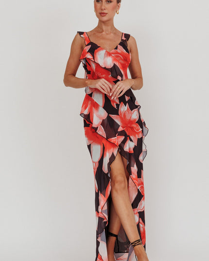 Black/Red Floral Ruffle Maxi Dress