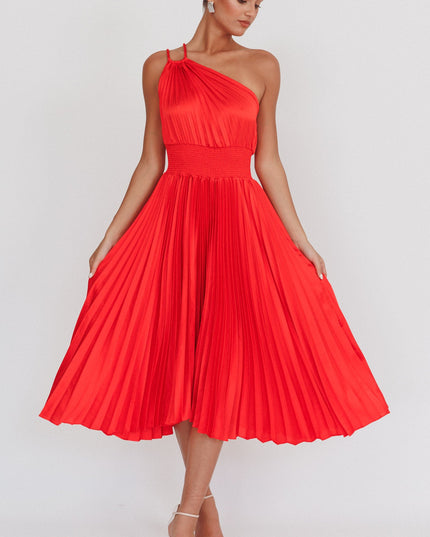 Red One Shoulder Pleated Midi Dress