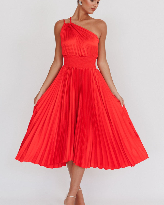 Red One Shoulder Pleated Midi Dress
