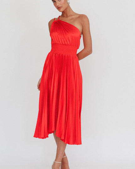 Red One Shoulder Pleated Midi Dress