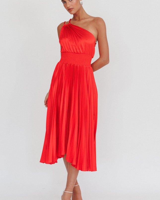 Red One Shoulder Pleated Midi Dress