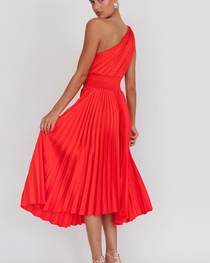 Red One Shoulder Pleated Midi Dress