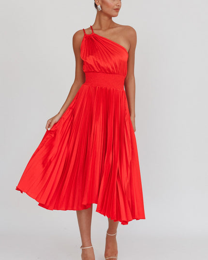 Red One Shoulder Pleated Midi Dress