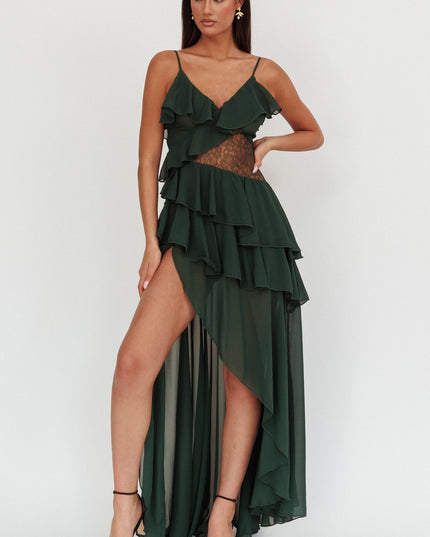 Hunter Green Lace Waist Ruffle Maxi Dress