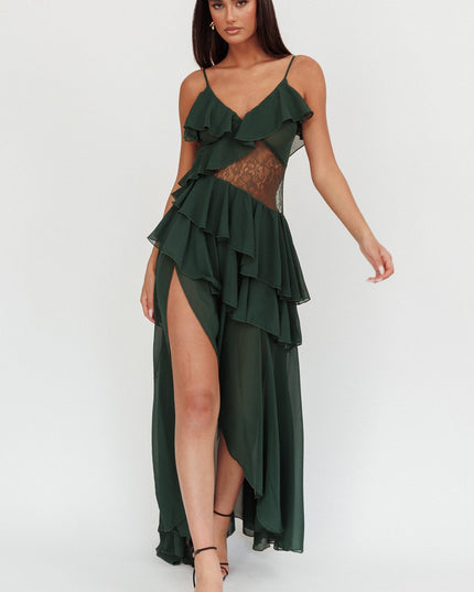 Hunter Green Lace Waist Ruffle Maxi Dress