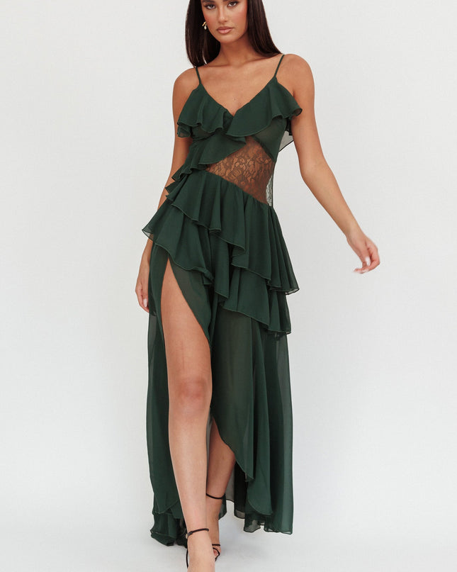 Hunter Green Lace Waist Ruffle Maxi Dress