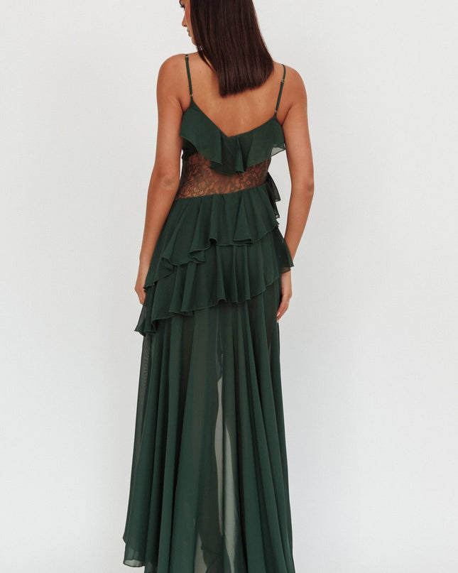 Hunter Green Lace Waist Ruffle Maxi Dress