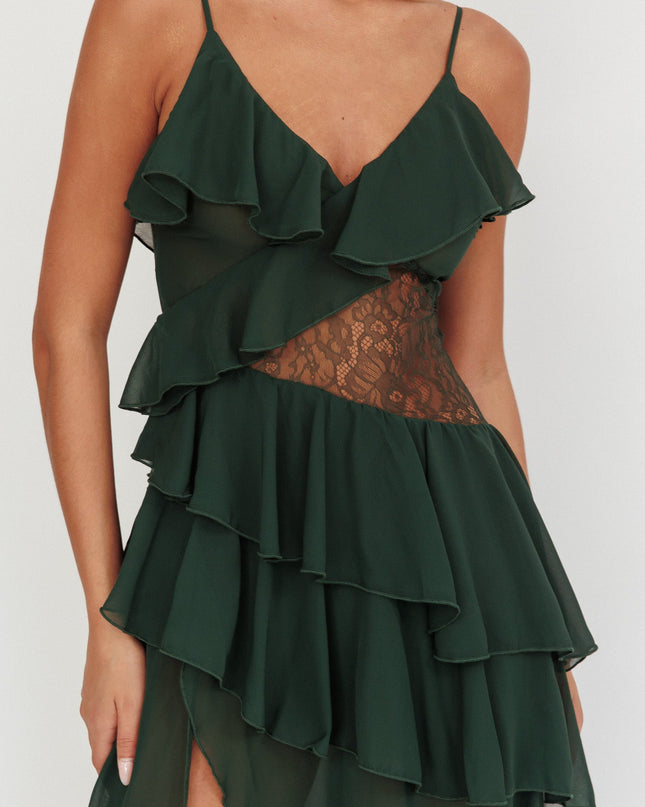 Hunter Green Lace Waist Ruffle Maxi Dress