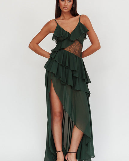 Hunter Green Lace Waist Ruffle Maxi Dress