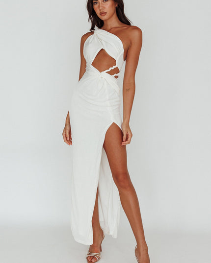 White Twist Accent Thigh Split Midi Dress