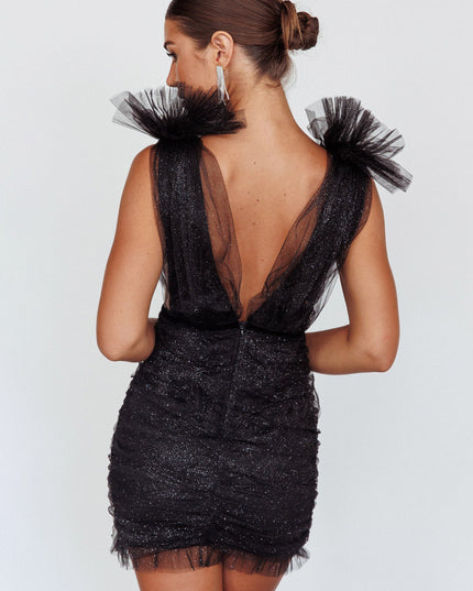Glitter Shoulder Accent Mesh Mini Dress Black