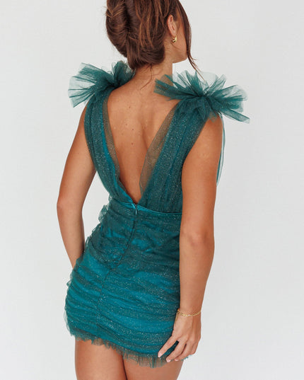 Green Shoulder Accent Mesh Mini Dress Glitter