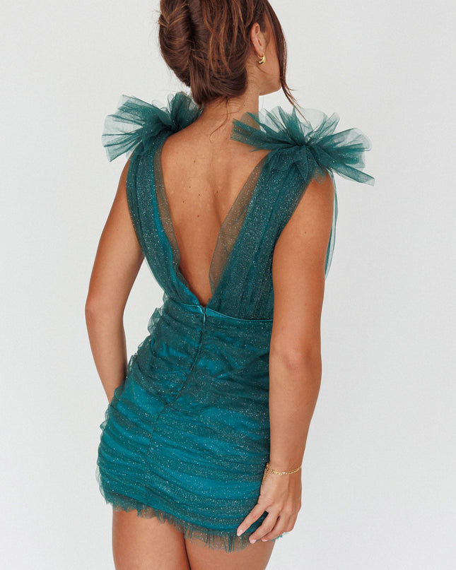 Green Shoulder Accent Mesh Mini Dress Glitter