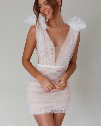 White Shoulder Accent Mesh Mini Dress