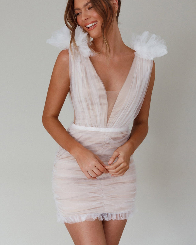 White Shoulder Accent Mesh Mini Dress