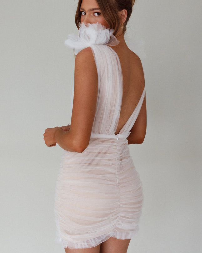 White Shoulder Accent Mesh Mini Dress