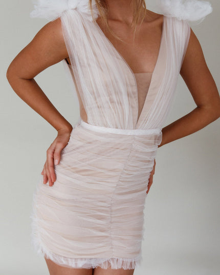 White Shoulder Accent Mesh Mini Dress