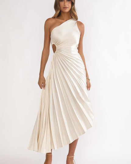 Champagne One-Shoulder Accordion Pleat Dress