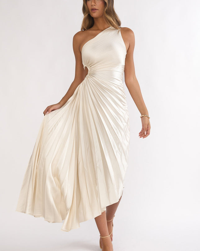 Champagne One-Shoulder Accordion Pleat Dress