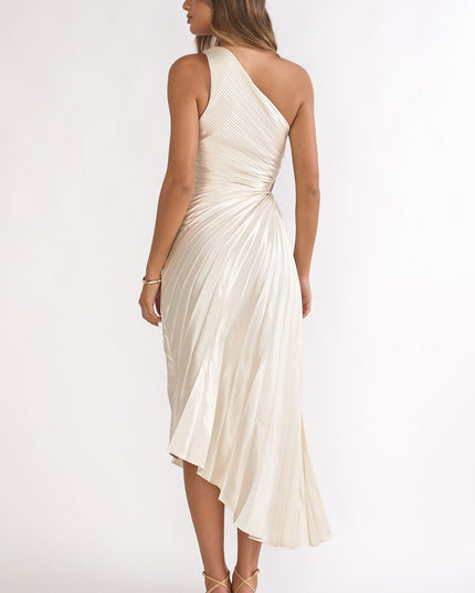 Champagne One-Shoulder Accordion Pleat Dress
