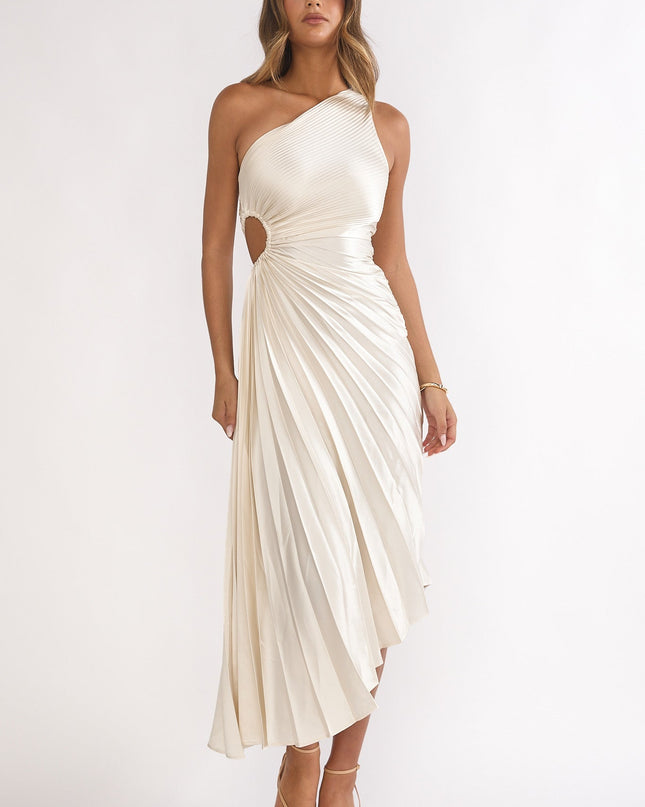 Champagne One-Shoulder Accordion Pleat Dress