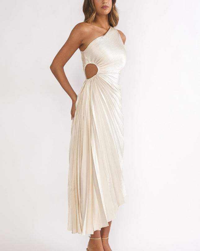 Champagne One-Shoulder Accordion Pleat Dress