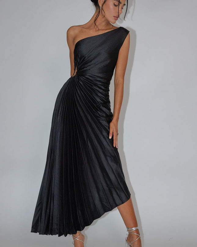 Black One-Shoulder Accordion Pleat Dress