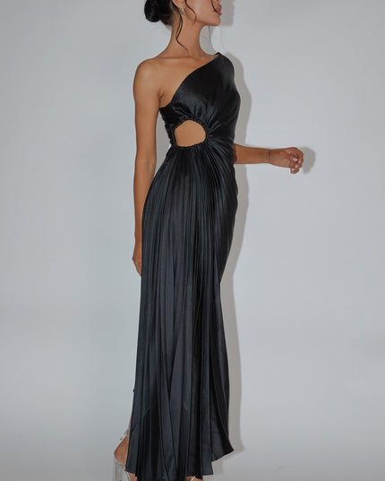 Black One-Shoulder Accordion Pleat Dress