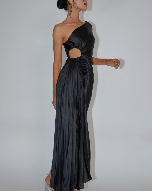 Black One-Shoulder Accordion Pleat Dress